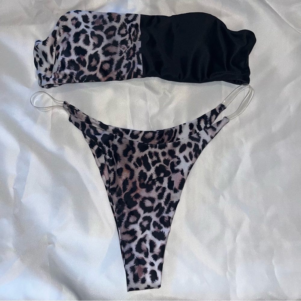 2 piece half cheetah half black bathing suit